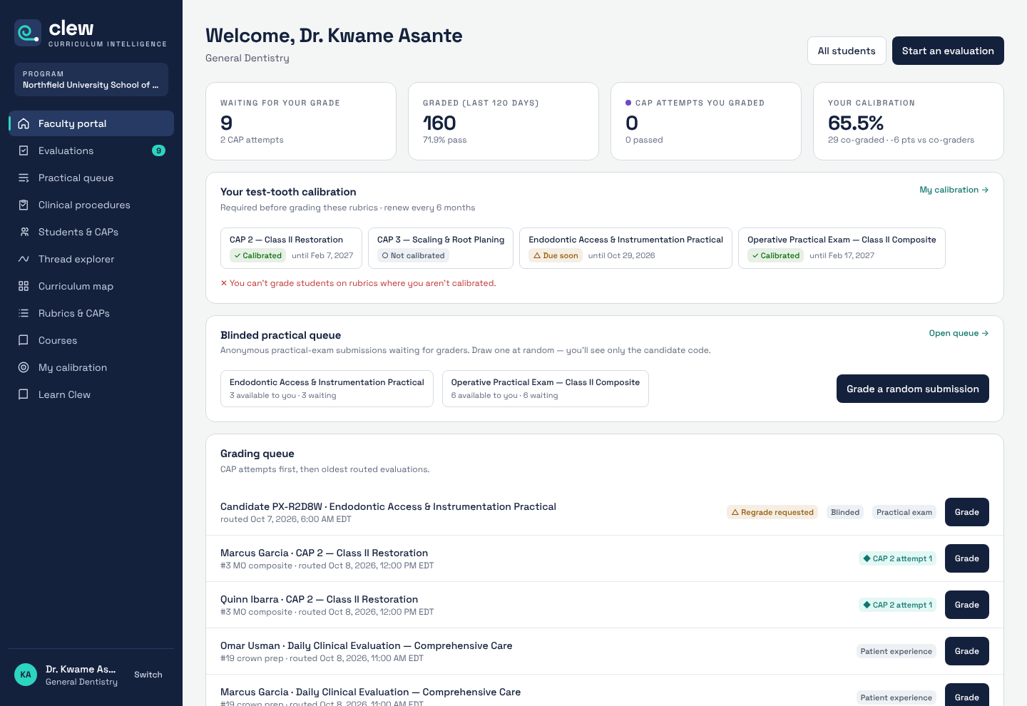 Faculty portal with grading queue, test-tooth calibration status and the blinded practical queue