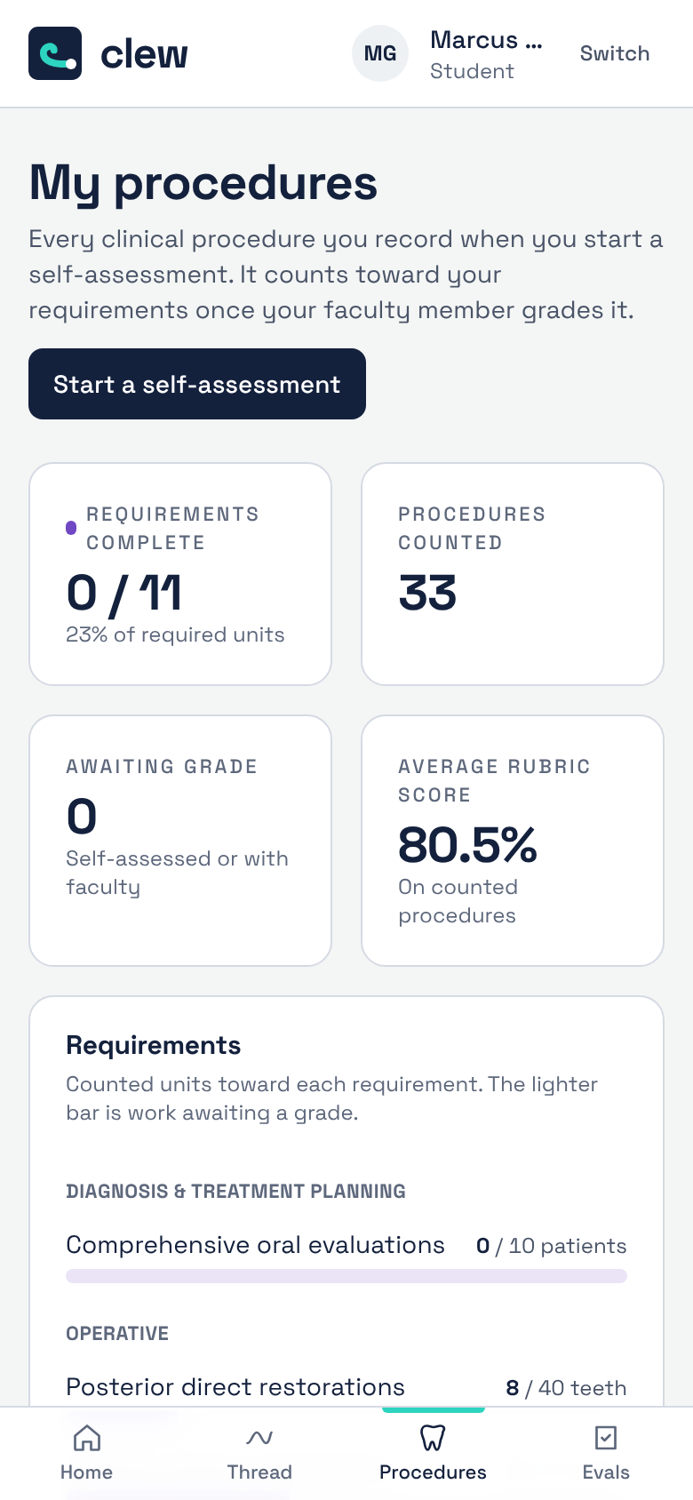 Student phone view of My procedures, showing progress toward each clinical requirement